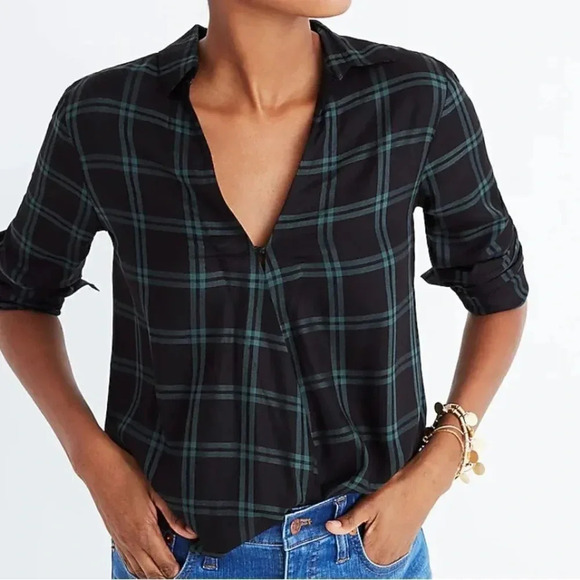 Madewell Wrap-Front Shirt in Palma Plaid Long sleeved Navy & green Size XS - Picture 1 of 11